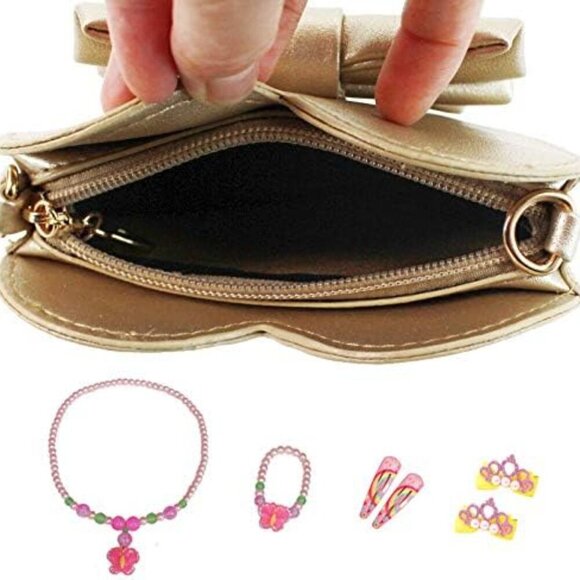 Girls Heart Shape Bowknot Mini Purse Crossbody Wallet Beige Gold Cute Compact Gi - Picture 5 of 7